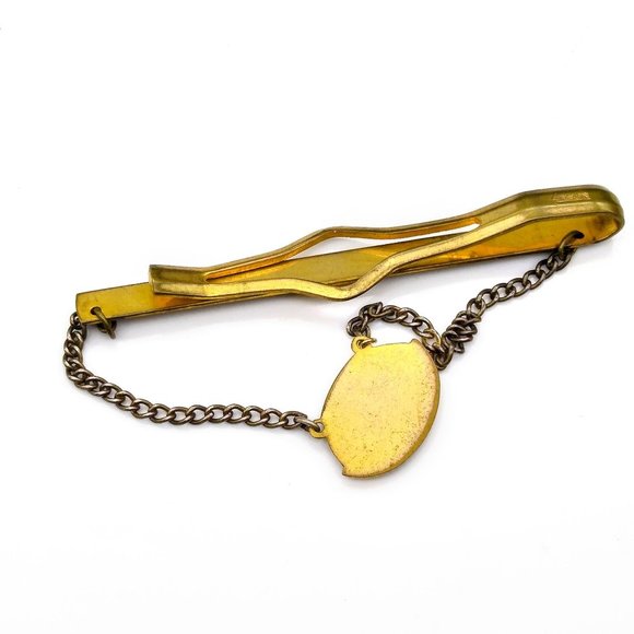 Gold Plate Tie Bar Slide with Chain and Oval Medallion, Art Deco Elegant Tie Cli - Picture 3 of 3